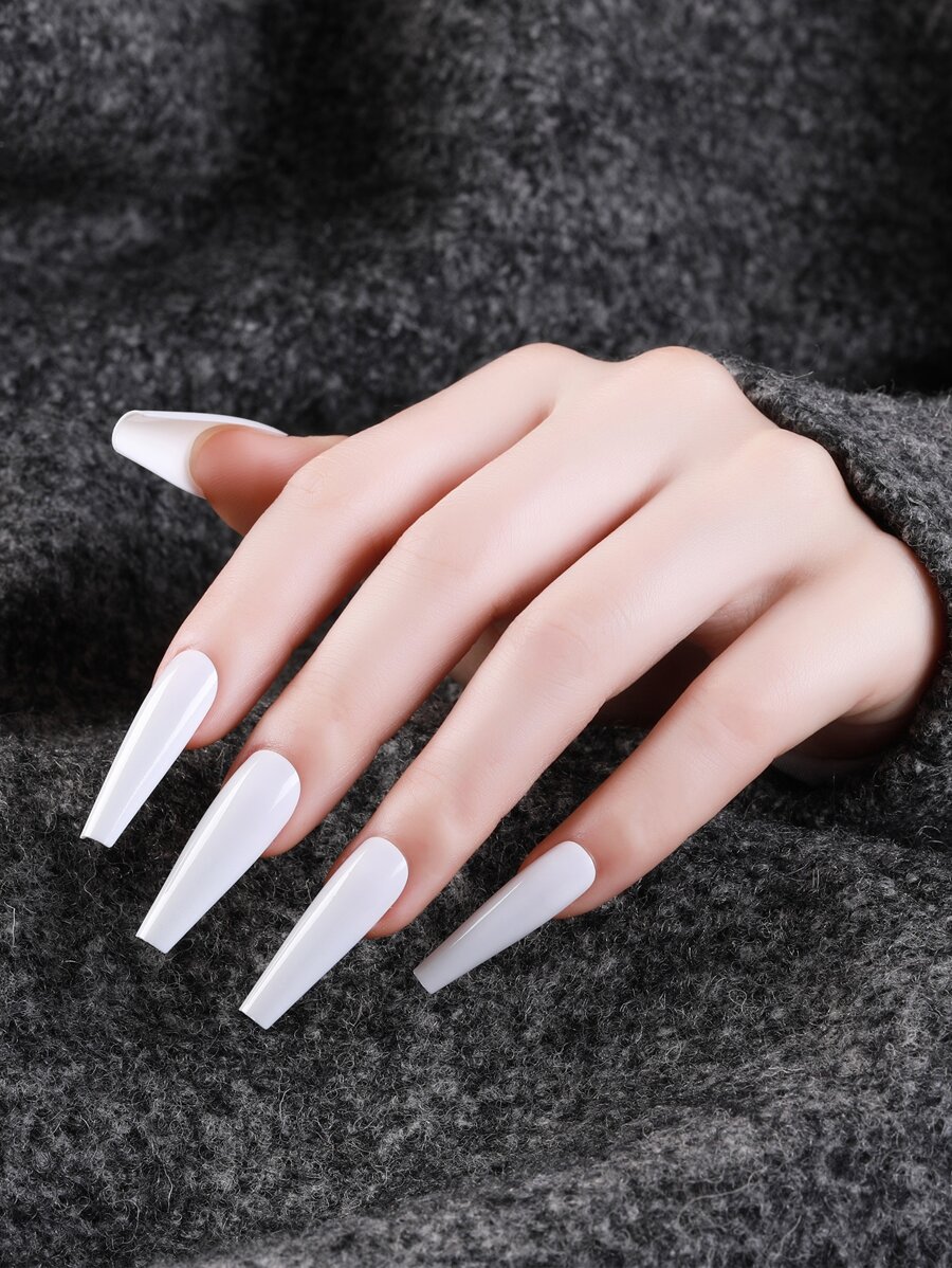 24pcs Long Coffin Fake Nail & 1pc Nail File & 1sheet Tape - White - View 1