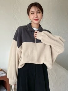 DAZY Áo nỉ Khối màu Một nửa khóa kéo Lông cừu - Nhiều màu - Xem 4