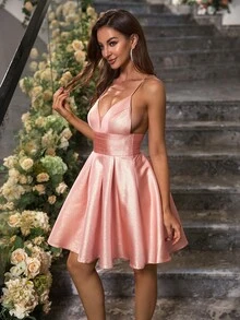 ANGEL FASHIONS Lace Up Backless Flare Hem Cami Dress - Baby Pink - View 6