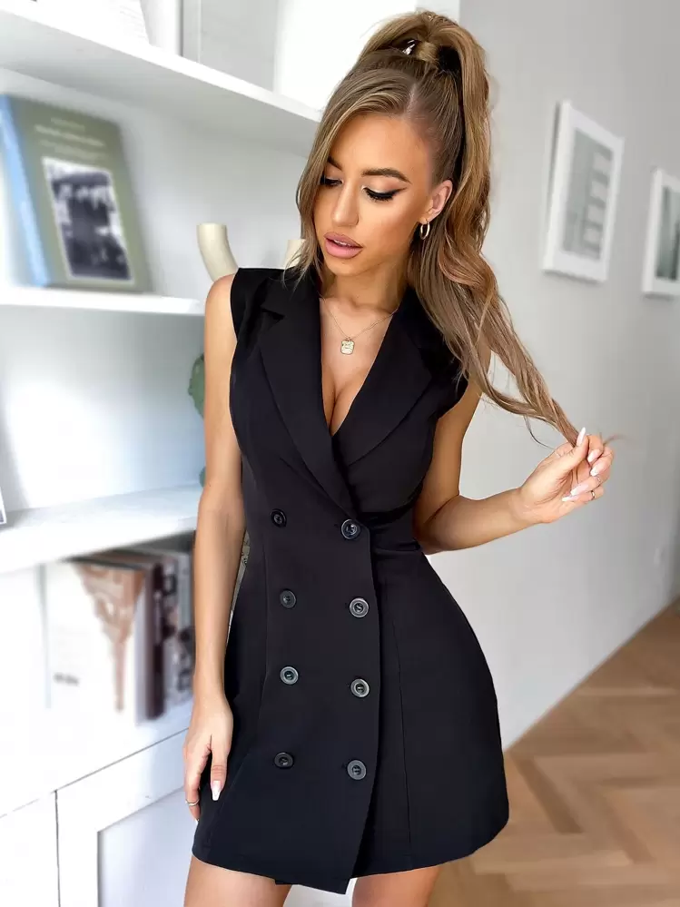 SHEIN ChicEase فستان بليزر بدون اكمام بصف أزرار مزدوجة - الأسود - مشاهدة 5