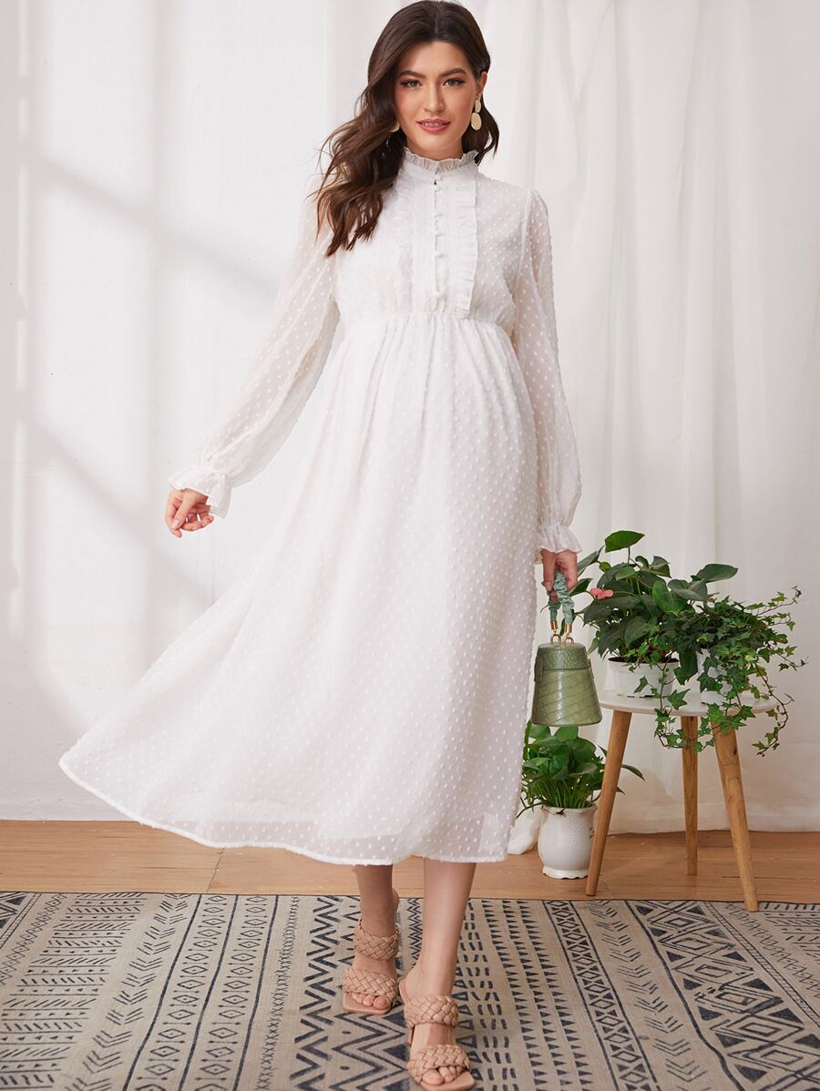 SHEIN Maternity Ruffle Cuff Frill Trim Swiss Dot Dress - White - View 1