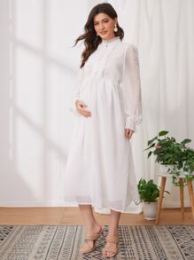 SHEIN Maternity Ruffle Cuff Frill Trim Swiss Dot Dress - White - View 5