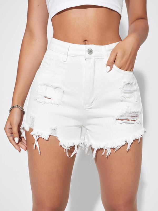 SHEIN Essnce Raw Hem Ripped Denim Shorts