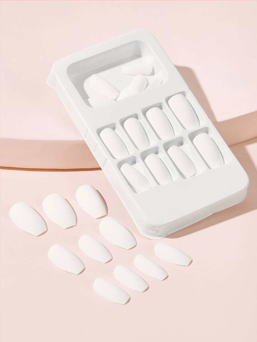 24pcs Long Coffin Fake Nail & 1pc Nail File & 1sheet Tape - White - View 1