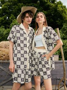 ROMWE MEN ROMWE UNISEX 1pc Floral Print Shirt & 1pc Shorts - Multicolor - View 2