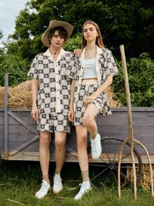 ROMWE MEN ROMWE UNISEX 1pc Floral Print Shirt & 1pc Shorts - Multicolor - View 5