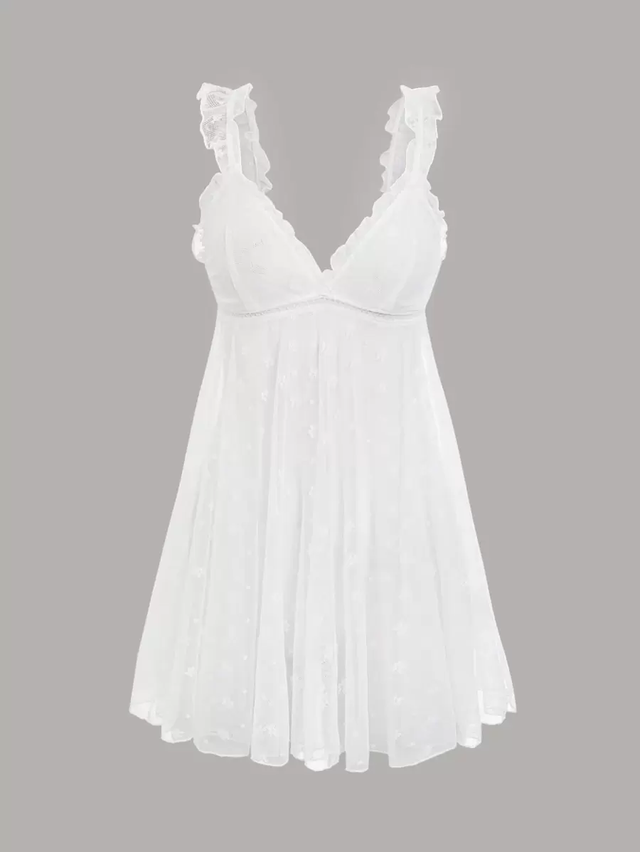 Frill Trim Mesh Cami Night Dress - White - View 1