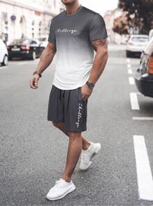 Manfinity Homme 男士字母圖案漸層T恤和腰部抽繩短褲 - 彩色 - 查看 1