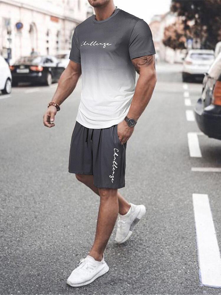 Manfinity Homme Men Letter Graphic Ombre Tee & Drawstring Waist Shorts - Multicolor - View 1