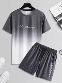 Manfinity Homme 男士字母圖案漸層T恤和腰部抽繩短褲 - 彩色 - 查看 3