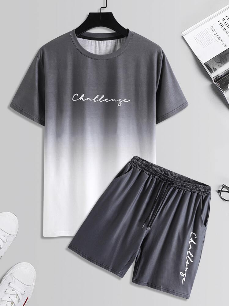 Manfinity Homme Men Letter Graphic Ombre Tee & Drawstring Waist Shorts - Multicolor - View 3