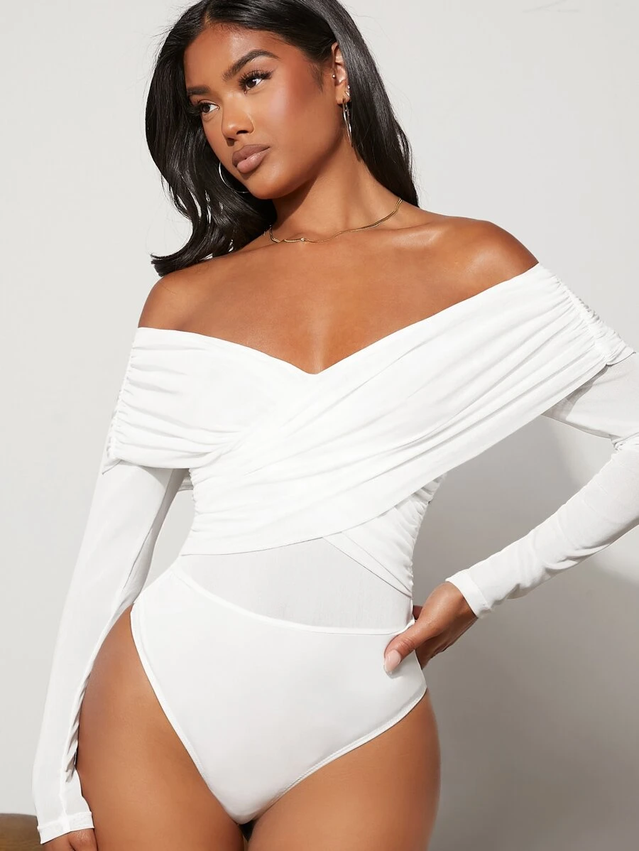 SHEIN BAE Mesh Overlay Sweetheart Solid Bodysuit - White - View 1