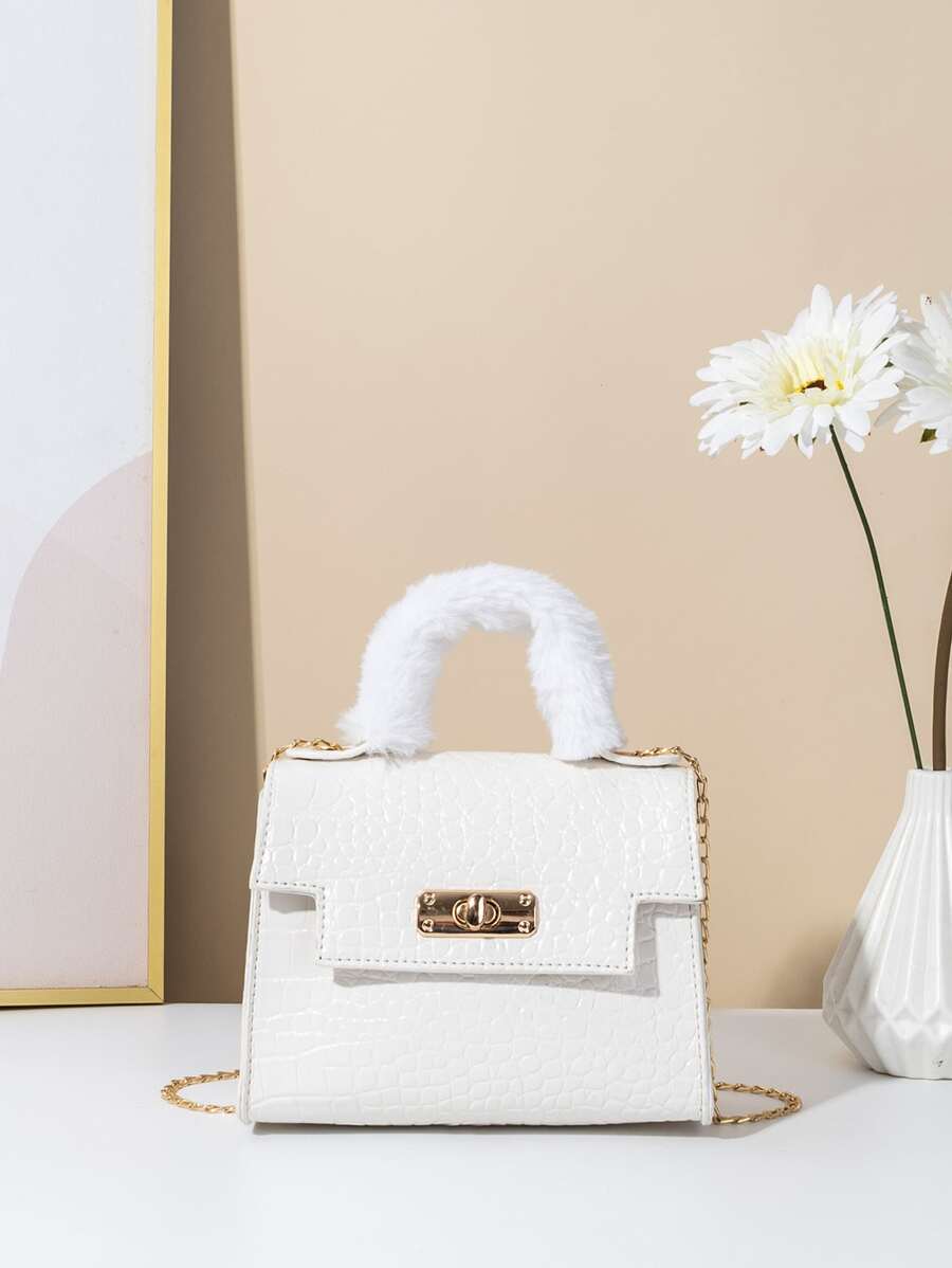 小型扭轉鎖扣鱷紋鏈帶手提包 - 白色 - 查看 1