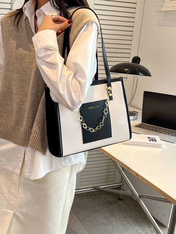 Letter Graphic Two Tone Shoulder Tote Bag Large Capacity Trendy Tote