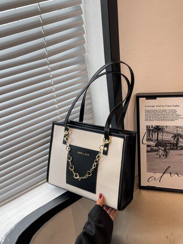 Letter Graphic Two Tone Shoulder Tote Bag Large Capacity Trendy Tote