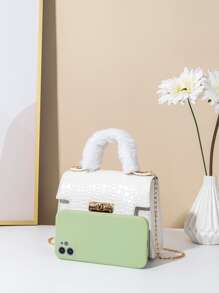 小型扭轉鎖扣鱷紋鏈帶手提包 - 白色 - 查看 5