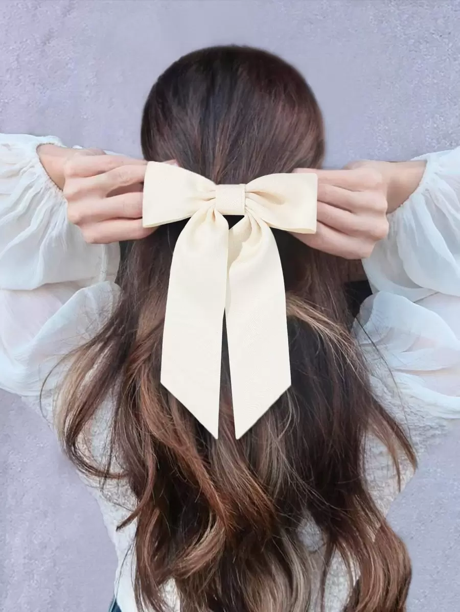 1 pieza Clip de pelo con decoración de lazo sólido, lindo para el Día de San Valentín, accesorios para el cabello, pasadores de pelo, pinzas para el cabello, garras para el cabello, cosas de la escuela, elegante, universidad, lazos - Beis - Ver 1