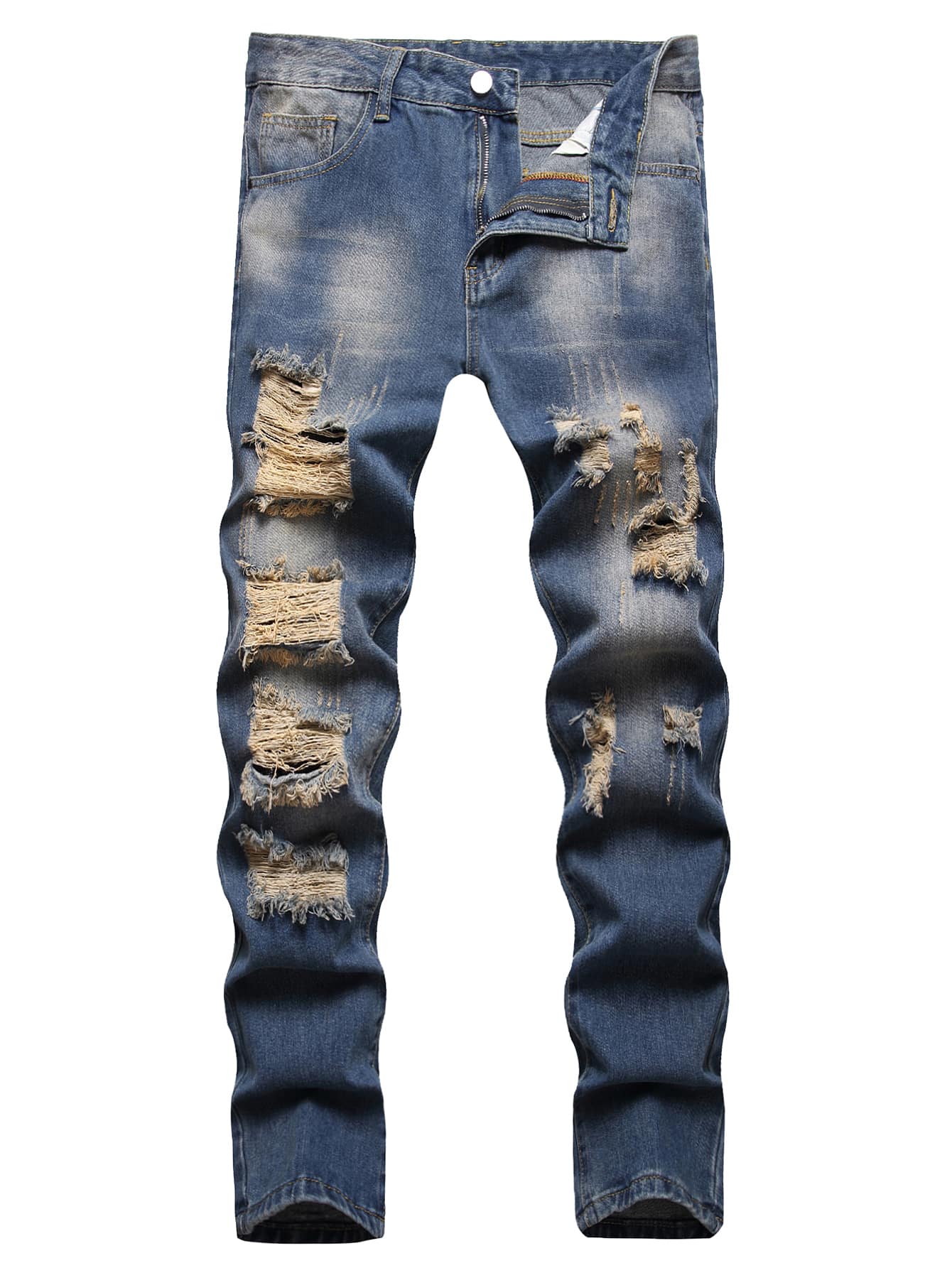 Hombres Jeans de pierna recta con lavado desgarro rasguño de gato - Azul lavado oscuro - Ver 1