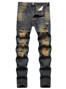 Vaqueros rectos con lavado decolorado, rotos y deshilachados para hombres - Azul lavado oscuro - Ver 1