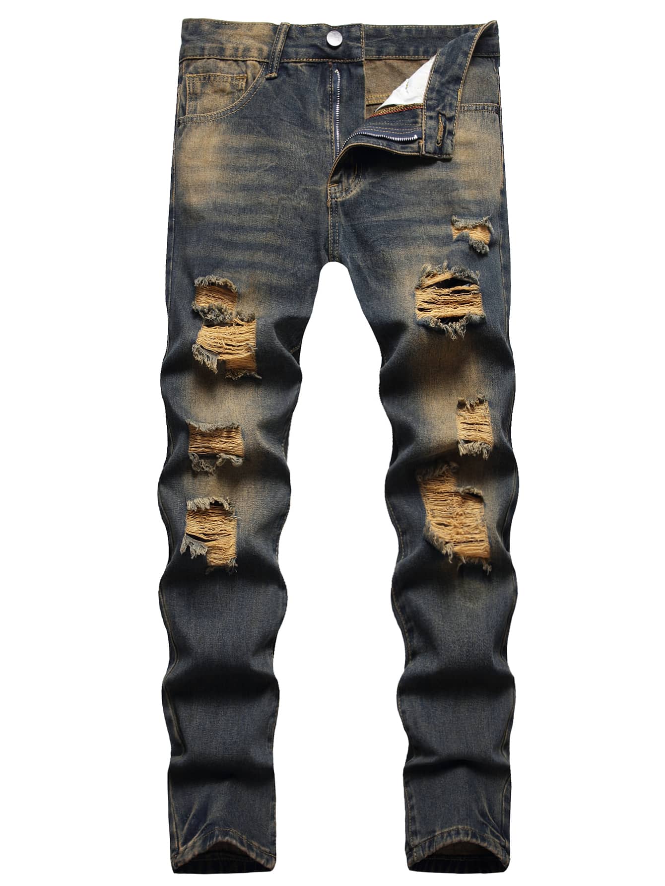 Vaqueros rectos con lavado decolorado, rotos y deshilachados para hombres - Azul lavado oscuro - Ver 1