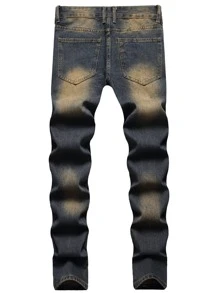 Vaqueros rectos con lavado decolorado, rotos y deshilachados para hombres - Azul lavado oscuro - Ver 2