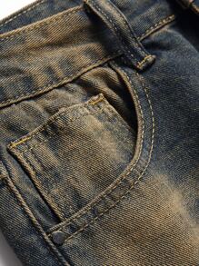 Vaqueros rectos con lavado decolorado, rotos y deshilachados para hombres - Azul lavado oscuro - Ver 4