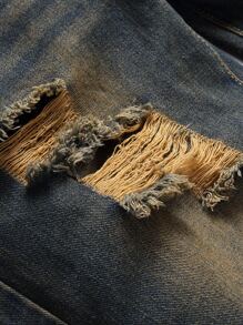 Vaqueros rectos con lavado decolorado, rotos y deshilachados para hombres - Azul lavado oscuro - Ver 5