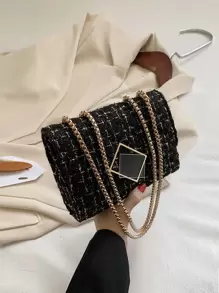 Waterproof,Lightweight,Business Casual Mini Metal Decor Flap Chain Shoulder Bag For Teen Girls Women College Students,Rookies & White-Collar Workers Perfect For Office,College,Work ,Business,Commutecrossbody BagVintageWith Adjustable Strap - Black - View 2