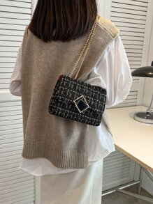 Waterproof,Lightweight,Business Casual Mini Metal Decor Flap Chain Shoulder Bag For Teen Girls Women College Students,Rookies & White-Collar Workers Perfect For Office,College,Work ,Business,Commutecrossbody BagVintageWith Adjustable Strap - Black - View 3