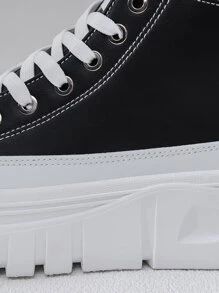 Alan Vincent New Arrival Women's Thick Bottom Height Increasing Casual Sports Shoes, High-top Flat Shoes With Lace-up Closure, Pu Leather, College Style Student Shoes - Black - View 3