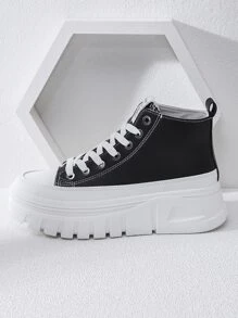 Alan Vincent New Arrival Women's Thick Bottom Height Increasing Casual Sports Shoes, High-top Flat Shoes With Lace-up Closure, Pu Leather, College Style Student Shoes - Black - View 4