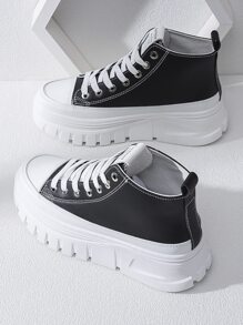 Alan Vincent New Arrival Women's Thick Bottom Height Increasing Casual Sports Shoes, High-top Flat Shoes With Lace-up Closure, Pu Leather, College Style Student Shoes - Black - View 5