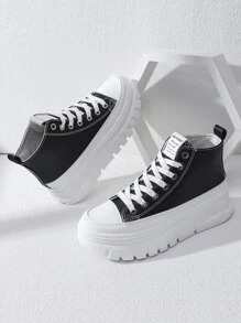 Alan Vincent New Arrival Women's Thick Bottom Height Increasing Casual Sports Shoes, High-top Flat Shoes With Lace-up Closure, Pu Leather, College Style Student Shoes - Black - View 6