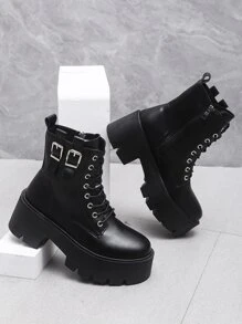 Comfortable Black And White Lace-Up Chunky Heel  Boots, Autumn Winter - Black - View 2