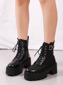 Comfortable Black And White Lace-Up Chunky Heel  Boots, Autumn Winter - Black - View 5