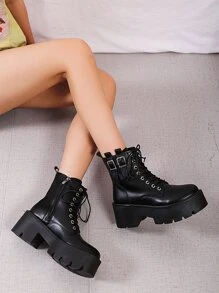 Comfortable Black And White Lace-Up Chunky Heel  Boots, Autumn Winter - Black - View 6