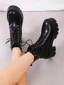 Comfortable Black And White Lace-Up Chunky Heel  Boots, Autumn Winter - Black - View 7