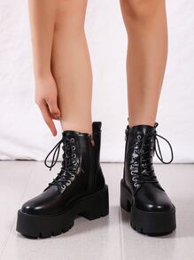 Comfortable Black And White Lace-Up Chunky Heel  Boots, Autumn Winter - Black - View 9