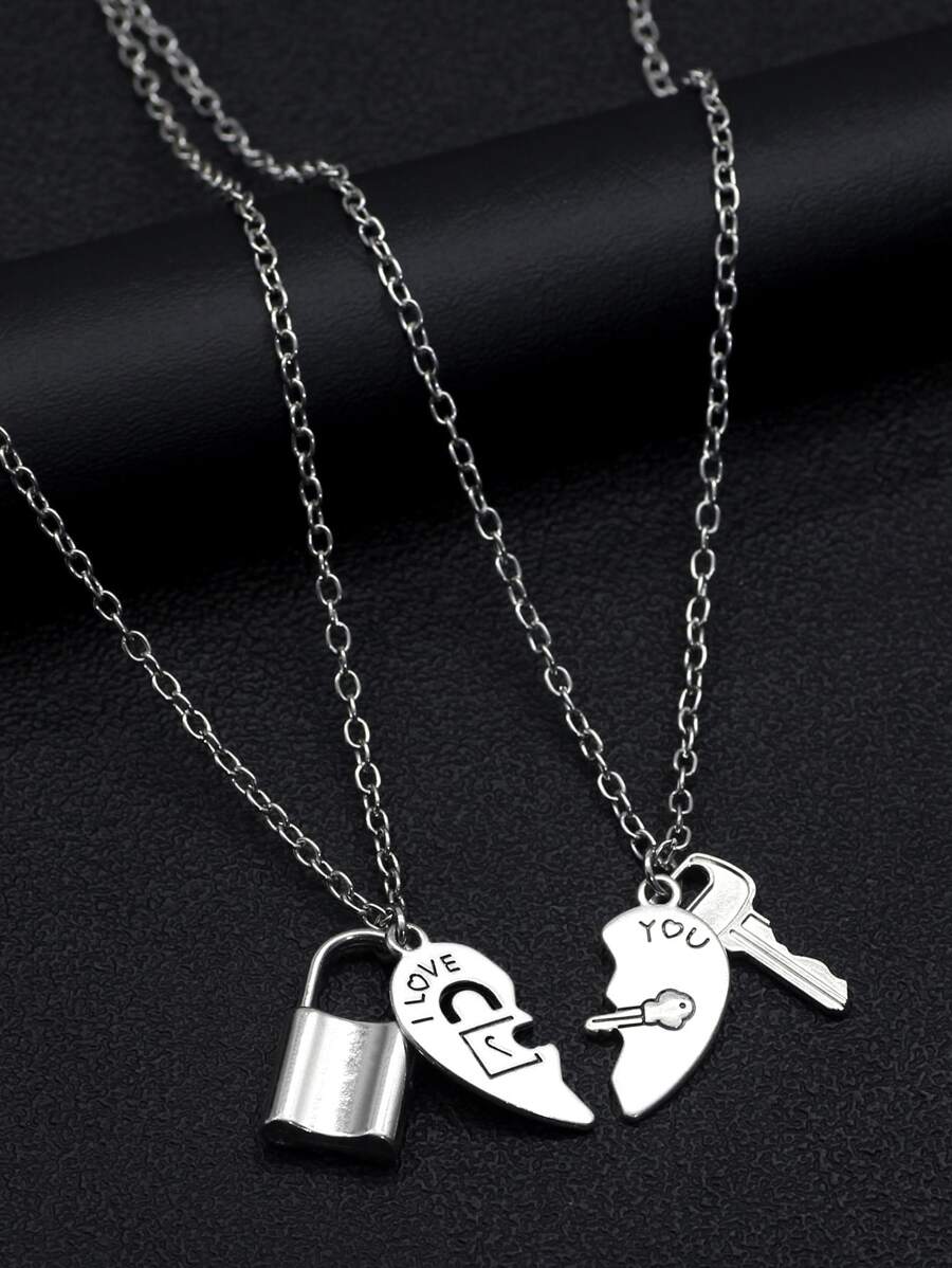 GuoShuang Fashionable And Popular 2pcs Men Letter Detail Heart Pendant Necklace Alloy For Jewelry Gift And For A Stylish Look Valentines - Antique Silver - View 1