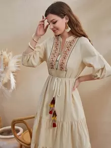 Al Najma Vestido con cinturón de cuello con cordón de manga farol con diseño de fleco bajo con fruncido