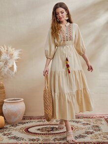 Al Najma Vestido con cinturón de cuello con cordón de manga farol con diseño de fleco bajo con fruncido