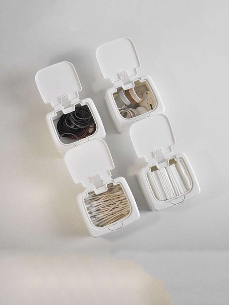 1pc Plain Plastic Desk Storage Box,Simple White Flip Cover Desktop Organizer - White - View 3