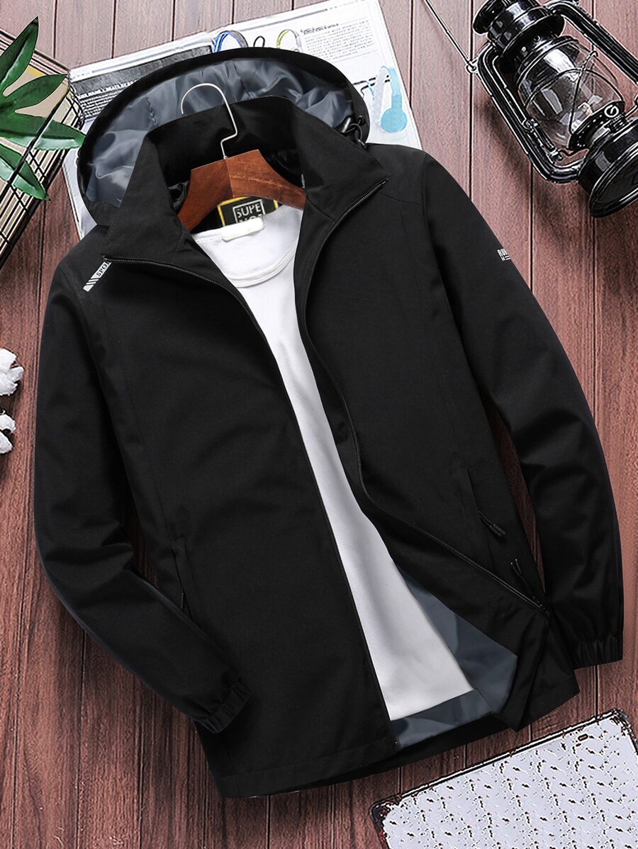 Manfinity Homme Loose Fit Men's Long Sleeve Letter Graphic Zip-Up Hoodie Jacket Without T-Shirt, Men Casual Jacket, Men Windbreaker Jacket, Men Zip Up Jacket, Men Lightweight Jacket, For Fall - Black - View 1