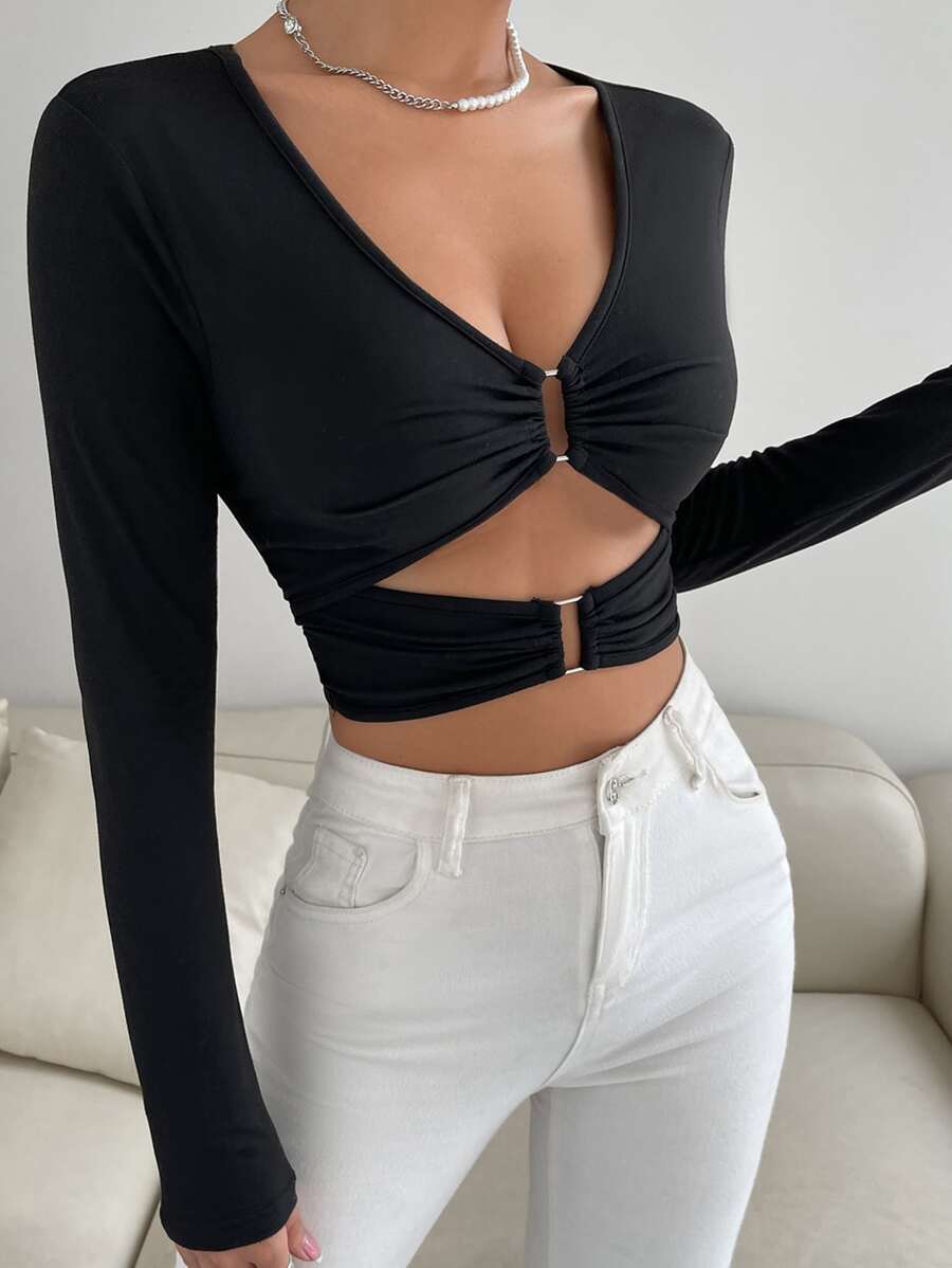 Chiquease Áo thun nữ Cắt ra Nhẫn màu trơn Gợi cảm - màu đen - Xem 1