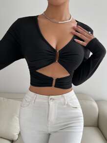 Chiquease Áo thun nữ Cắt ra Nhẫn màu trơn Gợi cảm - màu đen - Xem 5