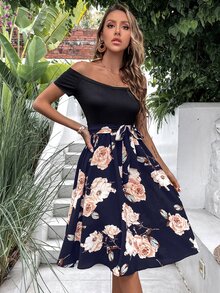 SHEIN Unity Floral Print Off Shoulder Belted Dress - Multicolor - View 6