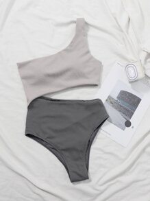 SHEIN Swim Summer Beach Two Tone Rib One Shoulder One Piece Swimsuit - Multicolor - View 6