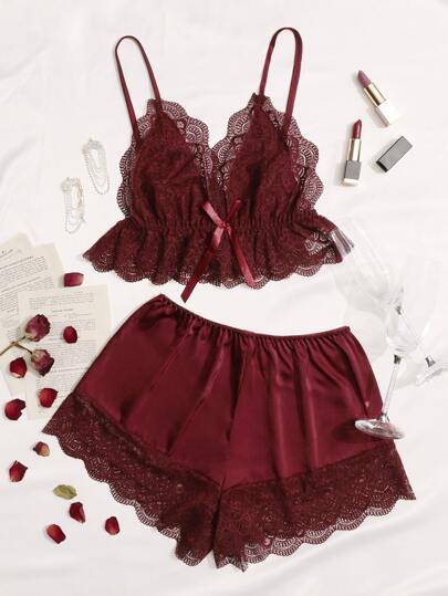 SilkySpell Ensemble de pyjama / Ensemble de pyjama avec détail de nœud en dentelle contrastée