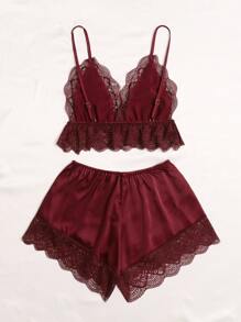 SilkySpell Contrast Lace Bow Detail Cami PJ Set / Pajama Set - Burgundy - View 2