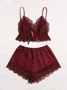 SilkySpell Contrast Lace Bow Detail Cami PJ Set / Pajama Set - Burgundy - View 3